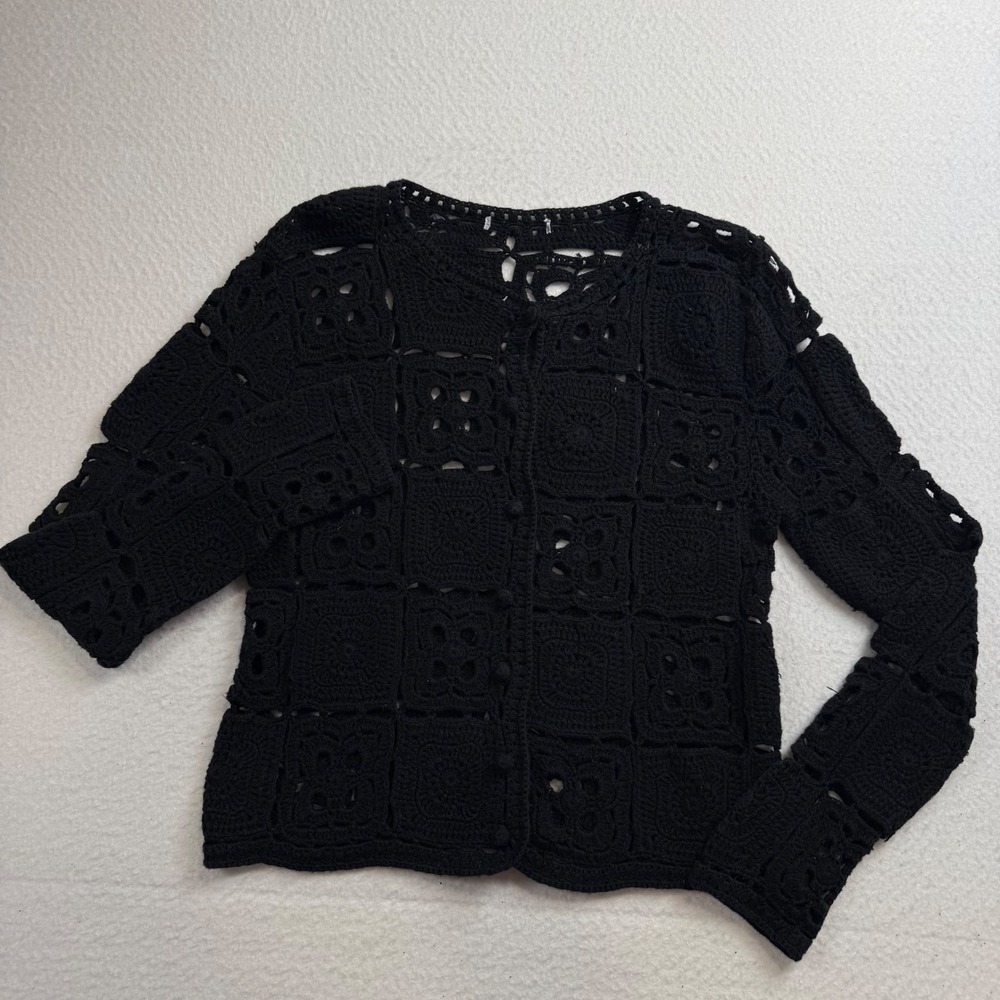 Black Granny Square Crochet Cardigan Sweater Open Knit Retro 70s Flawed S/M